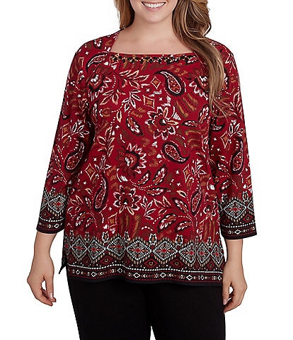 Ruby Rd. Plus Size Paisley Border Print Embellished Boat Neck 3/4 Sleeve Knit Top