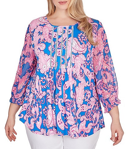 Ruby Rd. Plus Size Bright Bloom Print Crew Neck 3/4 Sleeve Knit Top
