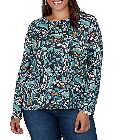Ruby Rd. Plus Size Brushed Knit Painterly Flourishes Round Neck Long Sleeve Top