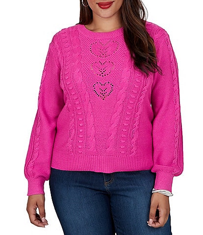 Ruby Rd. Plus Size Cable Knit Boucle Crew Neck Long Sleeve Sweater
