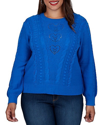 Ruby Rd. Plus Size Cable Knit Boucle Crew Neck Long Sleeve Sweater