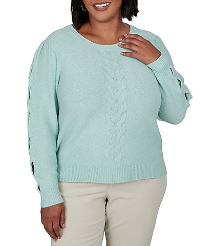Ruby Rd. Plus Size Cable Knit Crew Neck Long Open Sleeve Detail Sweater