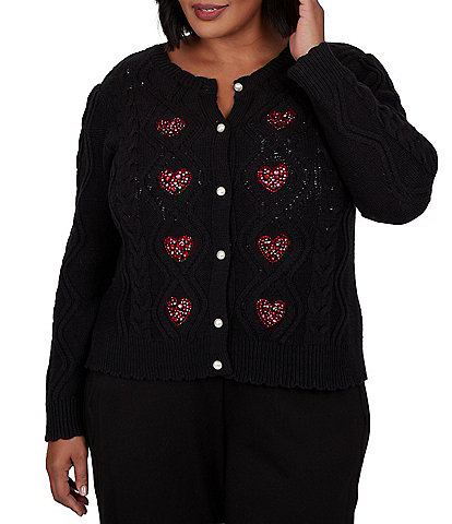 Ruby Rd. Plus Size Cable Knit Crystal Heart Scalloped Crew Neck Long Sleeve Button Front Cardigan