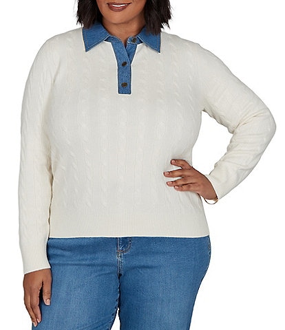 Ruby Rd. Plus Size Cable Knit Denim Point Collar Long Sleeve Sweater
