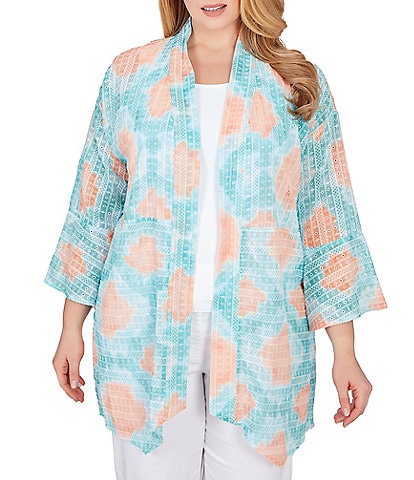 Ruby Rd. Plus Size Car Diamond Sheer Printed 3/4 Sleeve Patch Pocket Open-Front Cardigan