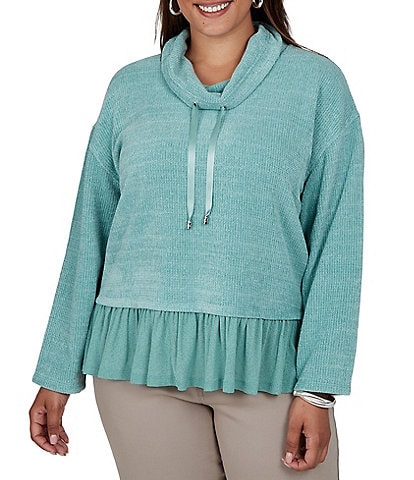 Ruby Rd. Plus Size Chenille Knit Mixed Media Cowl Neck Long Sleeve Ruffle Hem Combo Top
