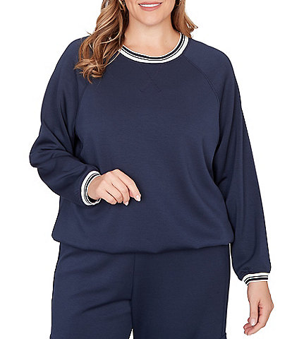 Ruby Rd. Plus Size Contrast Stripe Crew Neck Long Raglan Sleeve Cinched Bubble Hem Knit Top