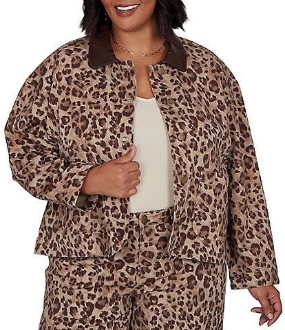 Ruby Rd. Plus Size Coordinating Stretch Denim Cheetah Print Faux Leather Denim Jacket