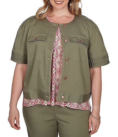 Ruby Rd. Plus Size Coordinating Tencel Denim Crew Neck Short Sleeve Pleated Trim Utility Jacket