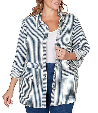Ruby Rd. Plus Size Cotton-Blend Stripe Point Collar Long-Roll Tab Sleeve Anorak Jacket