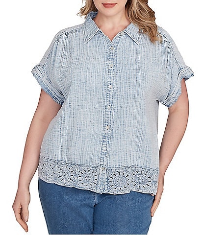 Ruby Rd. Plus Size Cotton Gauze Crochet Point Collar Short Rolled Cuff Sleeve Shirt