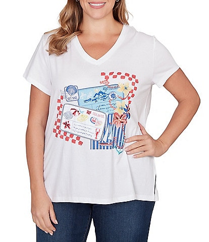 Ruby Rd. Plus Size Cotton Jersey Knit Sequin Beaded Postcard Print V-Neck Short Sleeve Tee