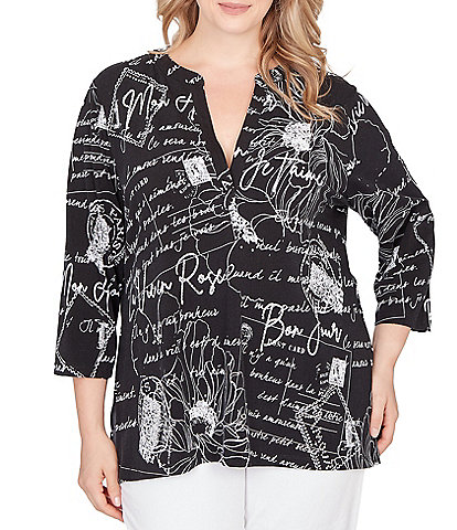 Ruby Rd. Plus Size Cotton Jersey Vintage Postcard Split V-Neck 3/4 Sleeve Top
