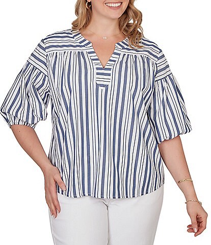 Ruby Rd. Plus Size Cotton Poplin Spliced Stripe Split V-Neck Elbow Sleeve Top