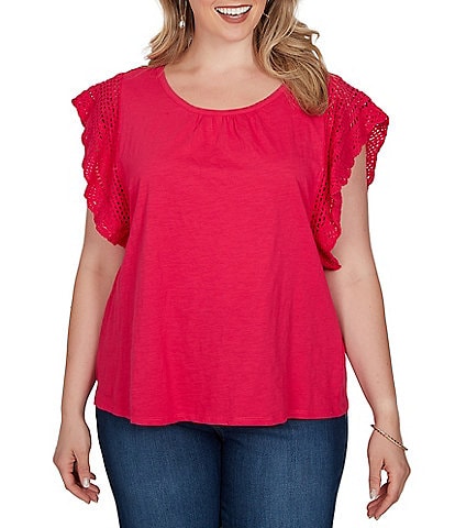 Ruby Rd. Plus Size Cotton Slub Jersey Knit Solid Scoop Neck Crochet Trim Sleeve Top