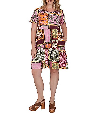 Ruby Rd. Plus Size Cotton Stretch Knit Patchwork Print Scoop Neck Short Sleeve Tiered Dress