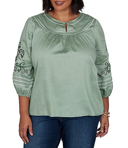 Ruby Rd. Plus Size Cotton Voile Embroidered Round Neck 3/4 Sleeve Top