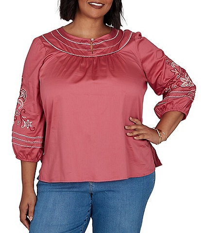 Ruby Rd. Plus Size Cotton Voile Embroidered Round Neck 3/4 Sleeve Top