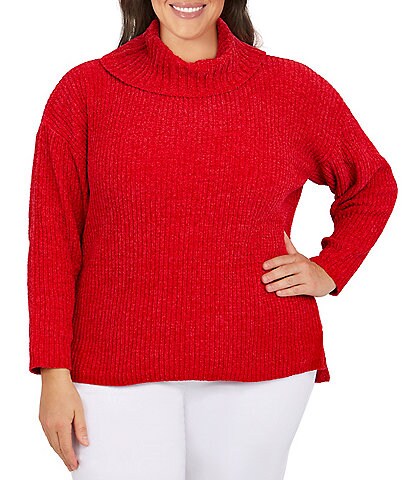 Ruby Rd. Plus Size Cozy Chenille Cowl Neck Long Sleeve Drop Shoulder Side Slit High-Low Sweater