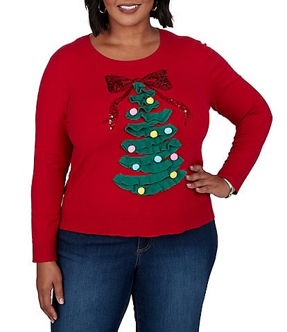 Ruby Rd. Plus Size Cozy Knit Christmas Tree Pom-Pom Ornament Scoop Neck Long Sleeve Top