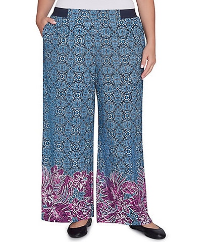 Ruby Rd. Plus Size Crepe Knit Floral Border Print Wide-Leg Pull-On Pants