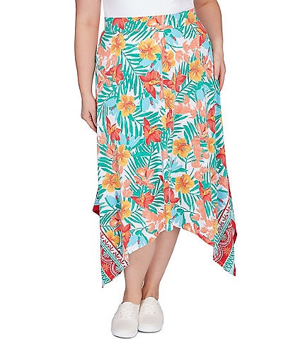 Ruby Rd. Plus Size Crepe Knit Tropical Geo Print Elastic Waist Asymmetrical Hem Midi Pull-On A-Line Skirt
