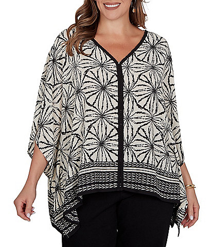 Ruby Rd. Plus Size Crepe Shibori Geometric V-Neck Short Sleeve Contrast Trim Top
