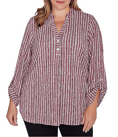 Ruby Rd. Plus Size Crinkle Knit Band Split Neck Roll-Tab Sleeve Button Front Stripe Tunic Top