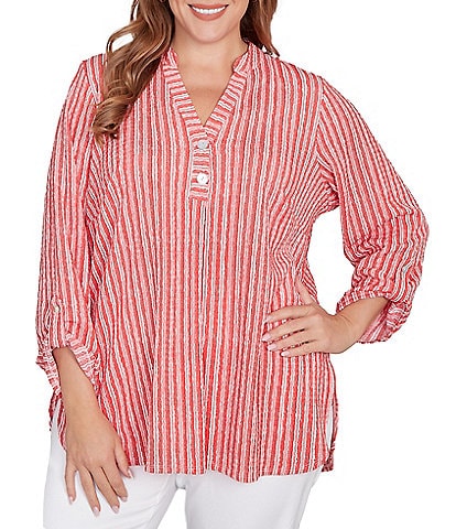 Ruby Rd. Plus Size Crinkle Knit Stripe V-Neck Long Roll-Tab Sleeve Henley Top
