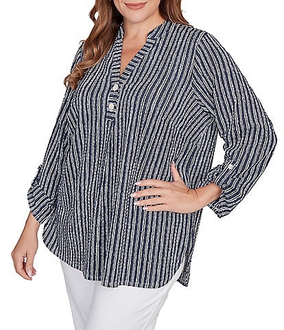 Ruby Rd. Plus Size Crinkle Knit Stripe V-Neck Long Roll-Tab Sleeve Henley Top