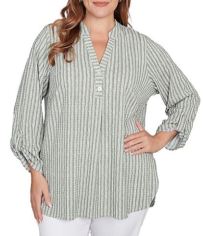 Ruby Rd. Plus Size Crinkle Knit Stripe V-Neck Long Roll-Tab Sleeve Henley Top