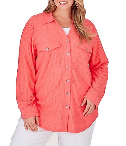 Ruby Rd. Plus Size Crinkle Pucker Point Collar Long Sleeve Flap Pocket Button-Front Shirt Jacket
