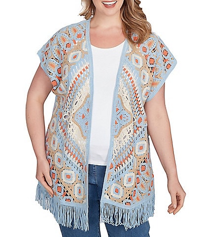 Ruby Rd. Plus Size Crochet Geometric Cap Sleeve Open-Front Cardigan