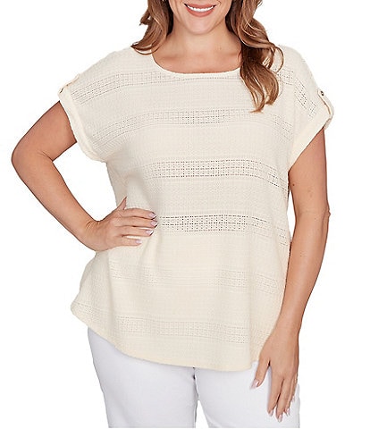 Ruby Rd. Plus Size Crochet Knit Boat Neck Short Button Tab Sleeve Top