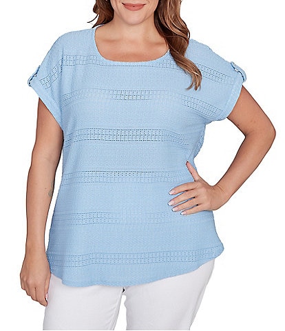 Ruby Rd. Plus Size Crochet Knit Boat Neck Short Button Tab Sleeve Top