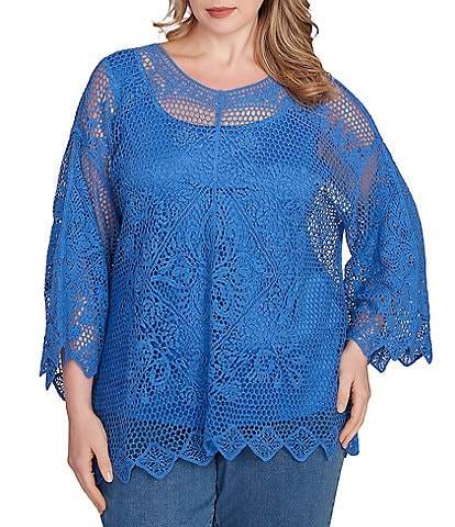 Ruby Rd. Plus Size Crochet Medallion Floral Pattern Scoop Neck 3/4 Wide Flared Sleeve Top