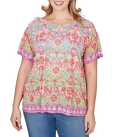 Ruby Rd. Plus Size Damask Floral Scoop Neck Short Sleeve Knit Tee Top