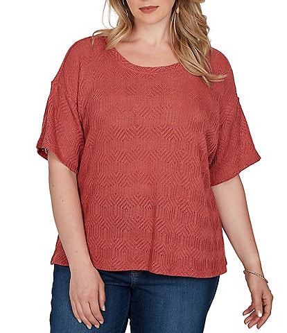Ruby Rd. Plus Size Diamond Textured Knit Scoop Neck Elbow Length Sleeve Top