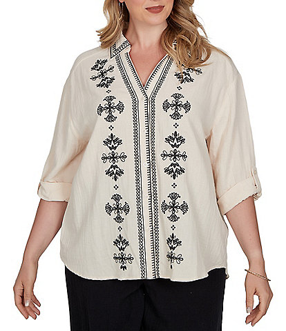 Ruby Rd. Plus Size Double Cotton Gauze Embroidered Point Collar 3/4 Roll-Tab Sleeve Button-Front Shirt