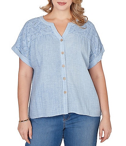 Ruby Rd. Plus Size Double Gauze Woven Paisley Embroidered Button-Front Blouse