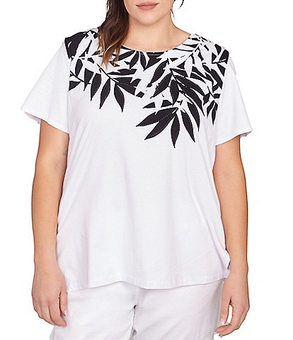 Ruby Rd. Plus Size Embellished Abstract Palm Print Crew Neck Short Sleeve T-Shirt
