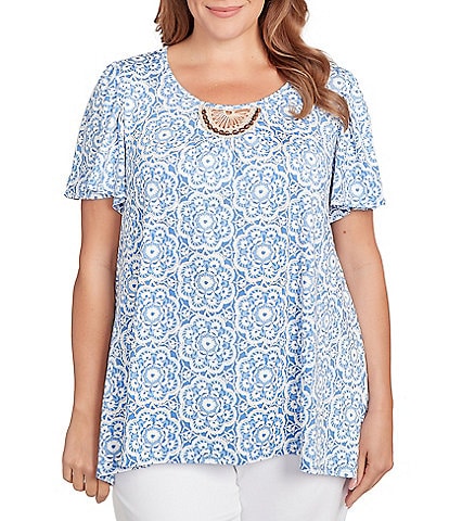 Ruby Rd. Plus Size Embellished Beaded Macrame Scoop Neck Short Sleeve Top