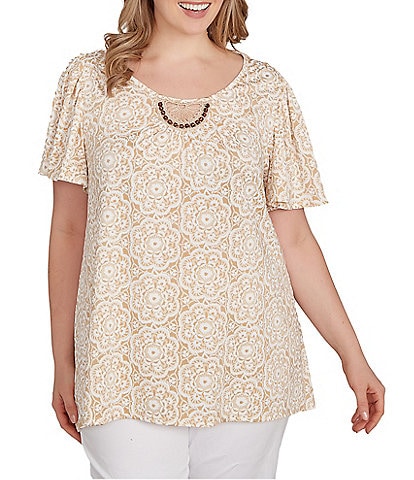 Ruby Rd. Plus Size Embellished Beaded Macrame Scoop Neck Short Sleeve Top