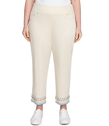 Ruby Rd. Plus Size Embroidered Beaded Hem Pull-On Ankle Pants