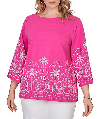 Ruby Rd. Plus Size Embroidered Boat Neck 3/4 Sleeve Top