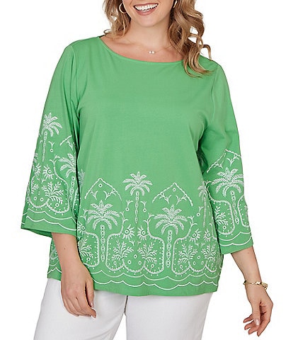Plus Size Embroidered Boat Neck 3/4 Sleeve Top