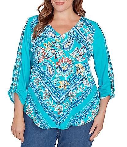 Ruby Rd. Plus Size Embroidered Cotton Blend Printed V-Neck 3/4 Sleeve Top