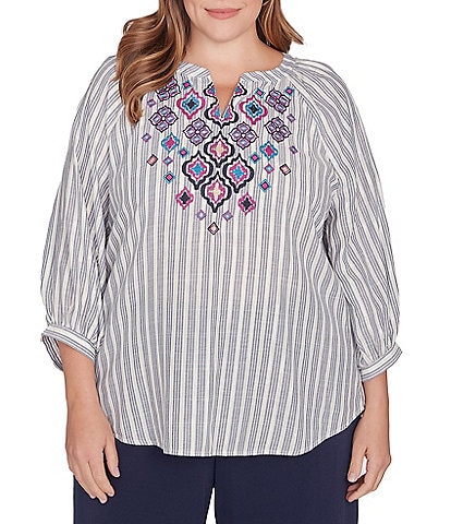 Ruby Rd. Plus Size Embroidered Front Detail Yarn-Dyed Stripe Woven Notch Neck 3/4 Balloon Sleeve Blouse