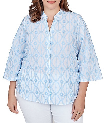 Ruby Rd. Plus Size Embroidered Mandarin Collar 3/4 Sleeve Button-Front Cotton Blouse