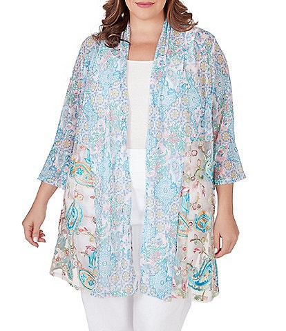 Ruby Rd. Plus Size Embroidered Paisley Print Combo Shawl Collar 3/4 Sleeve Open-Front Cardigan